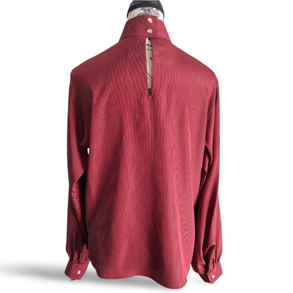 70s Vintage Deep Red Pinstripe High Neck Blouse Western Tailoring Minimalist S - Picture 4 of 4